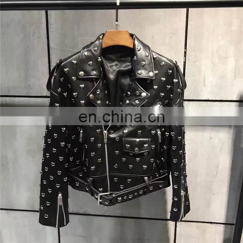 High Quality Custom Design Fashion Motocycle Biker Black Genuine Leather Short Jacket Women