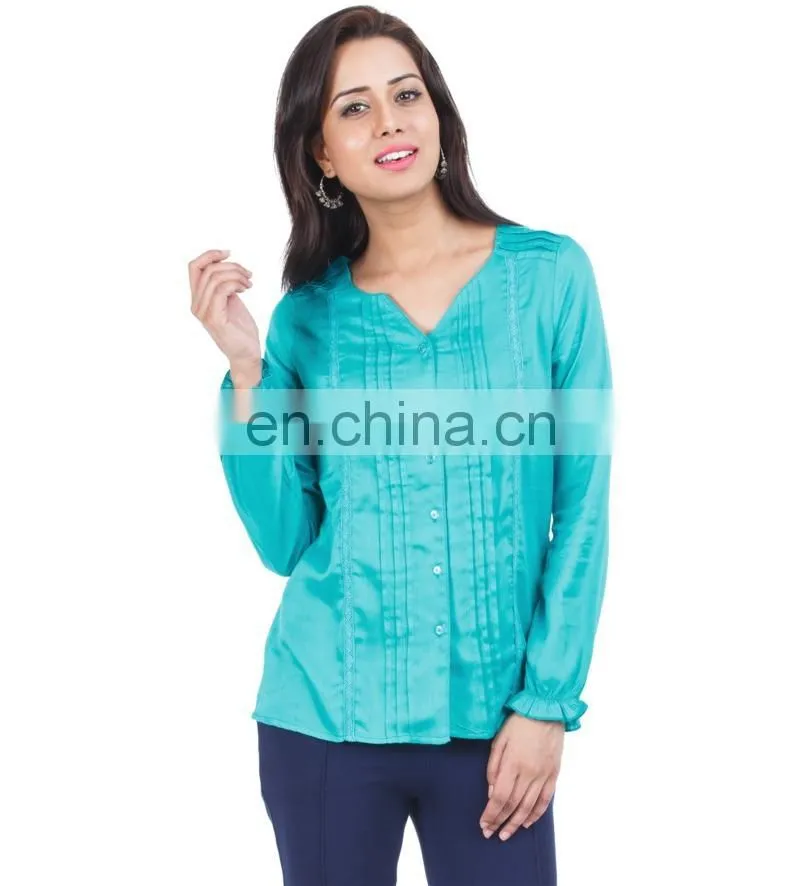 Green Top With Pin Tuck Detailing for ledies printed three quarter sleeve blouse in chiffon with lace collar See larger image