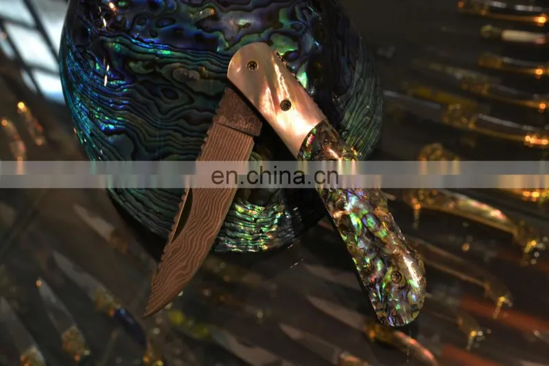 Handmade exquisite shell handle backlock damascus folding gift knife