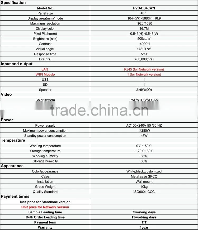 46 inch led advertising Screen Restaruant Menu Board