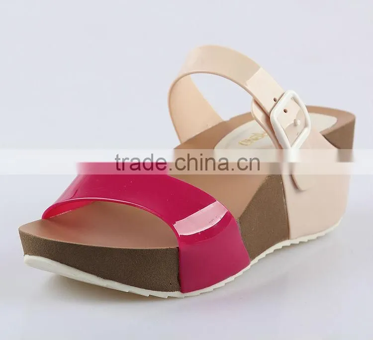 2015 Women Jelly PVC Slipper shoes Stitching Color PU Wedge Sandals PU Wedges Shoes