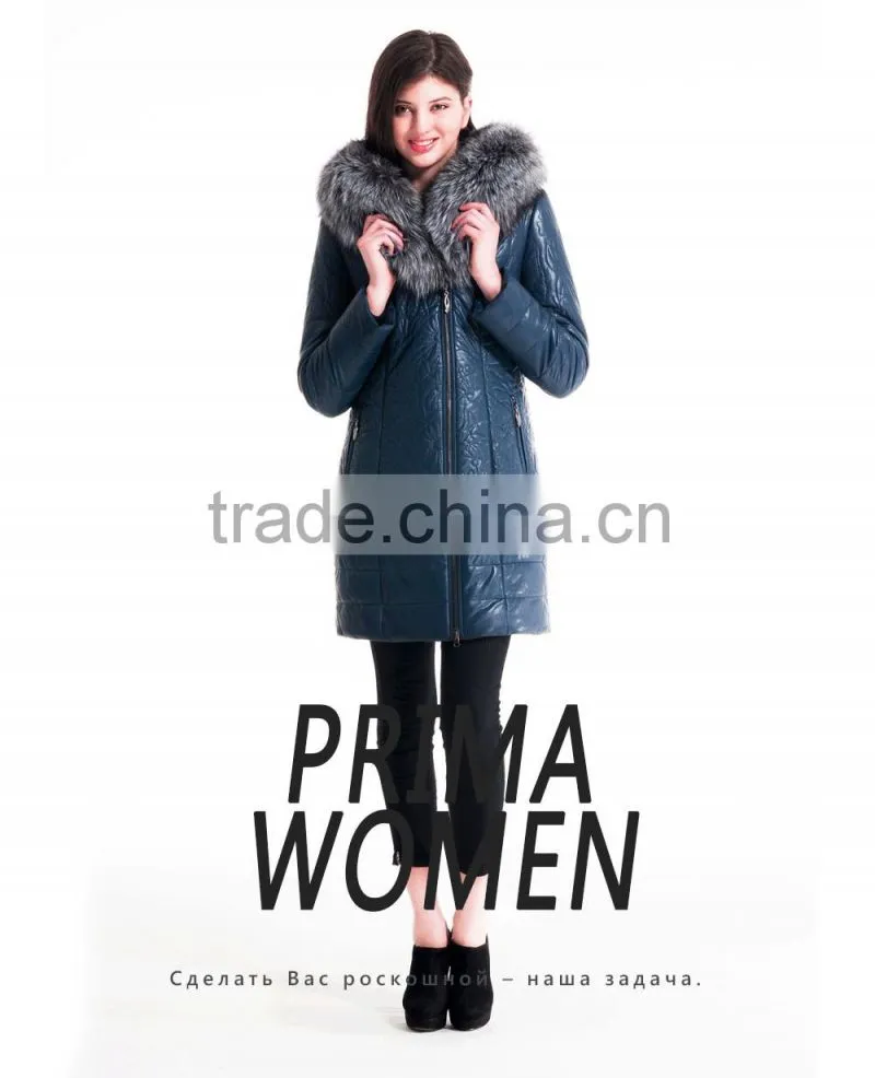 2015 Women Winter Leather Medium Length Slim Fit Coat With Brown Fox Hat Overcoat