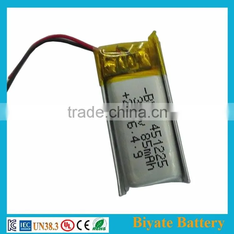 451225 3.7v rechargaeble 85mah li-polymer small lipo battery