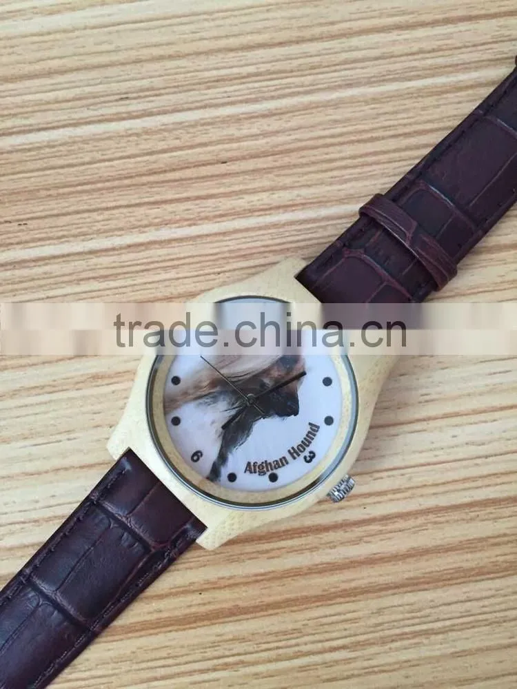 VAGES brand quartz analog genuine leather wooden bamboo watch cat