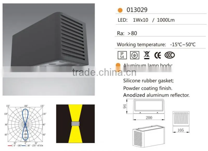 W-013029 1*10W LED IP54 waterproof outdoor wall square led lights ,led up down wall light
