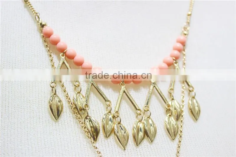 Gold Leaf w/ Pink Turquoise Pendant Necklace Goldtone Triple Necklace Satellite Chain Necklace 2016 Fashion Style Wholesale