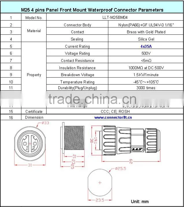 4 pins panel front mounted male socket with female plug waterproof connector