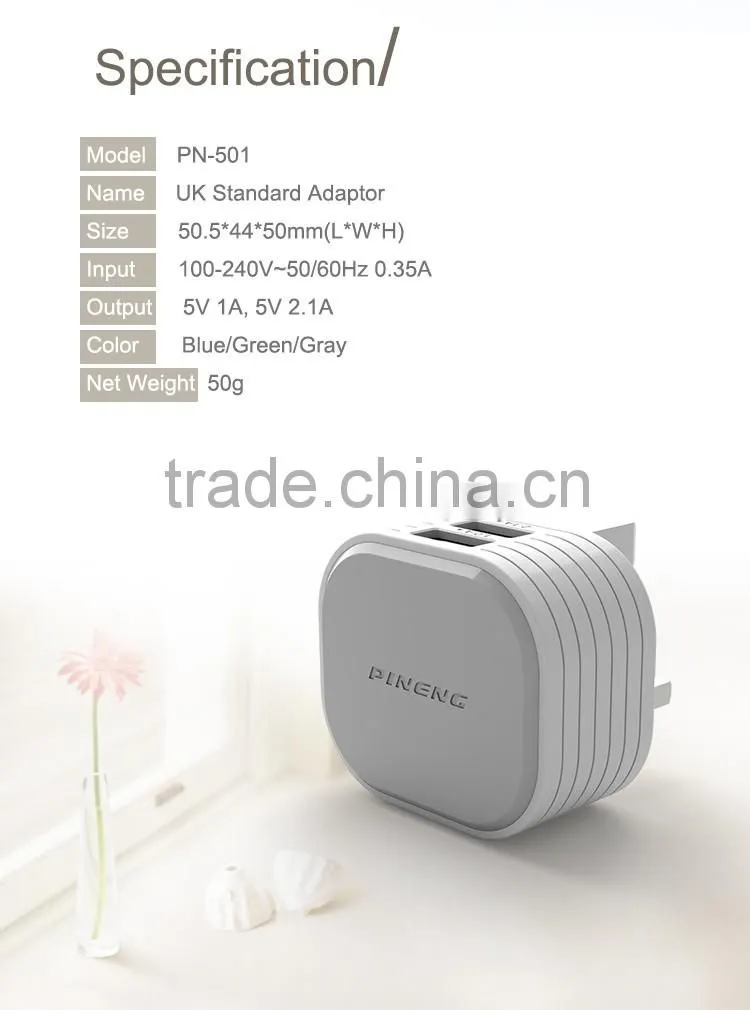 UK Wall Plug Charger With Dual Output, Quick Charger 2.4A With CE