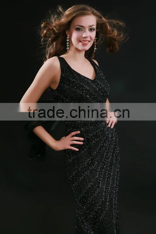 V-neck Sequins Beaded evening dress Girls dresses Graduation dress A2