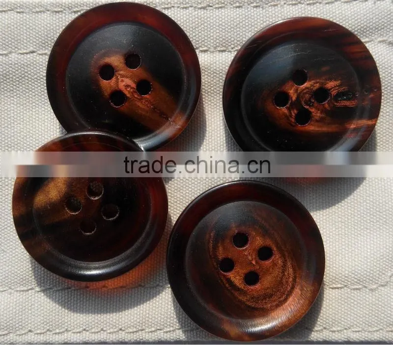 Fancy 4 Holes 36L Natural Grain Coffee Brown-dyed Top Class Buffalo Horn Suit Button With Rim