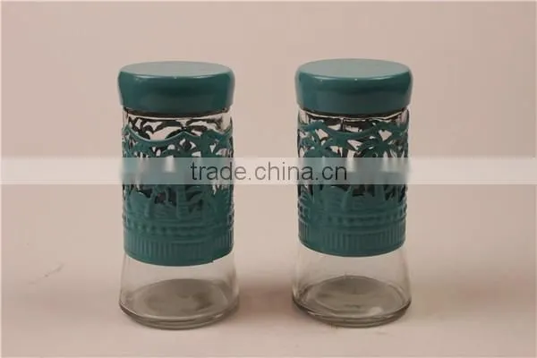 glass spice jar condiment bottle with lid green metal cover