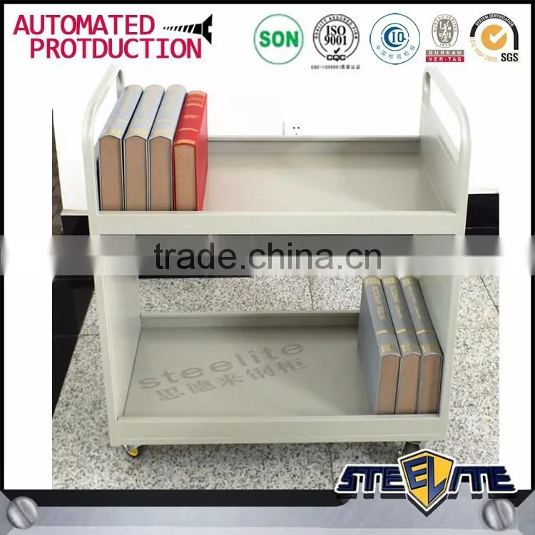School Library steel book wheels trolley cart with 2 shelves