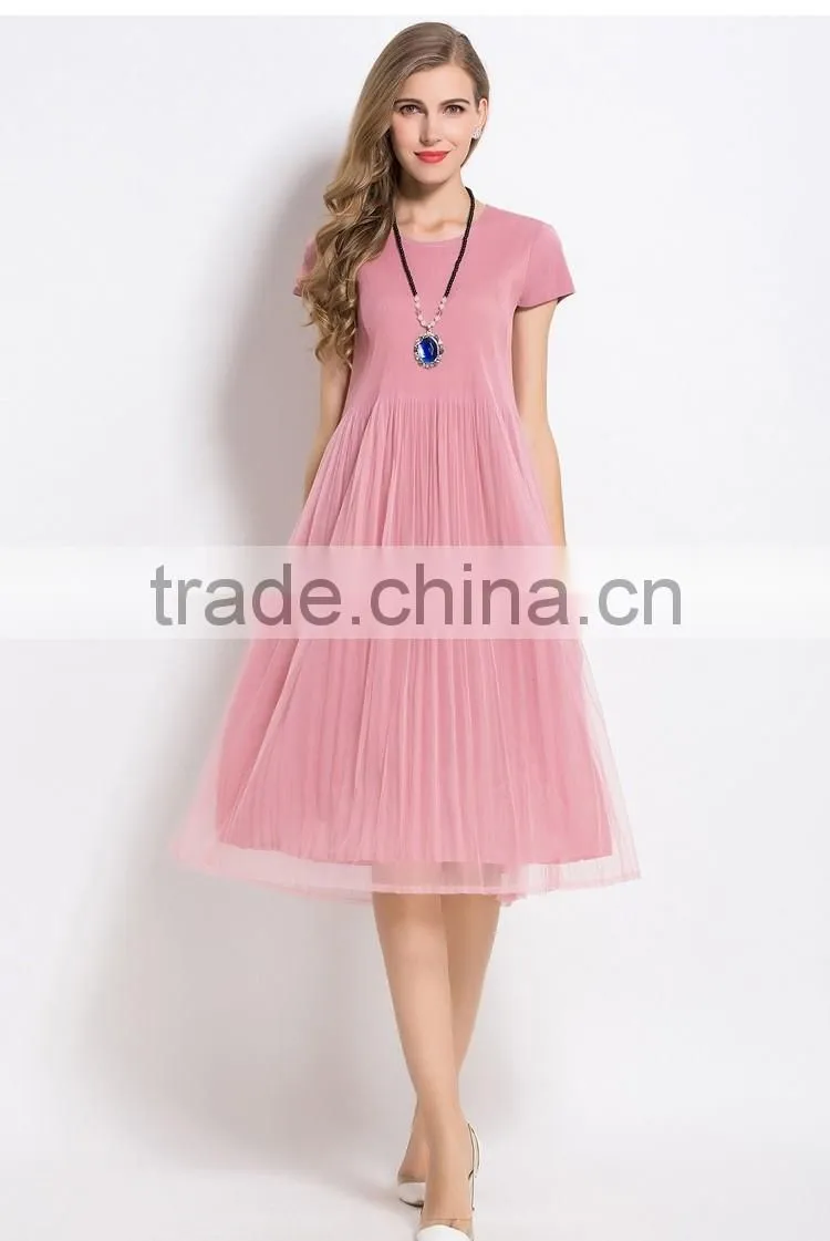 Plain solid color woman knee length folding dress with mesh