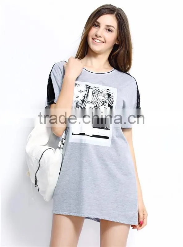 fashion women's contracted front plastisol printing letters embroidery short sleeve longline T-shirt