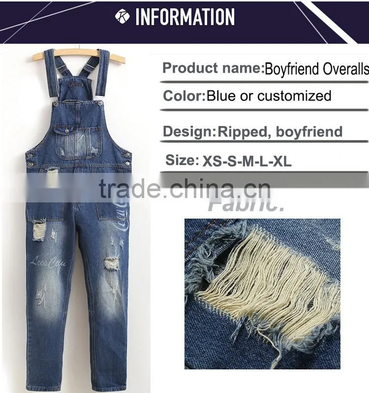 New model custom boyfriend jeans rompers high quality ripped bib overalls for men