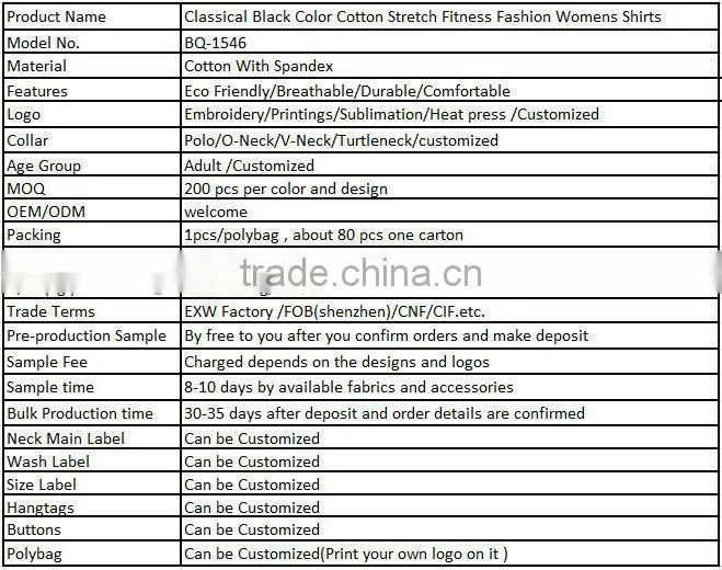 Classical Black Color Cotton Stretch Fitness Fashion Womens Shirts