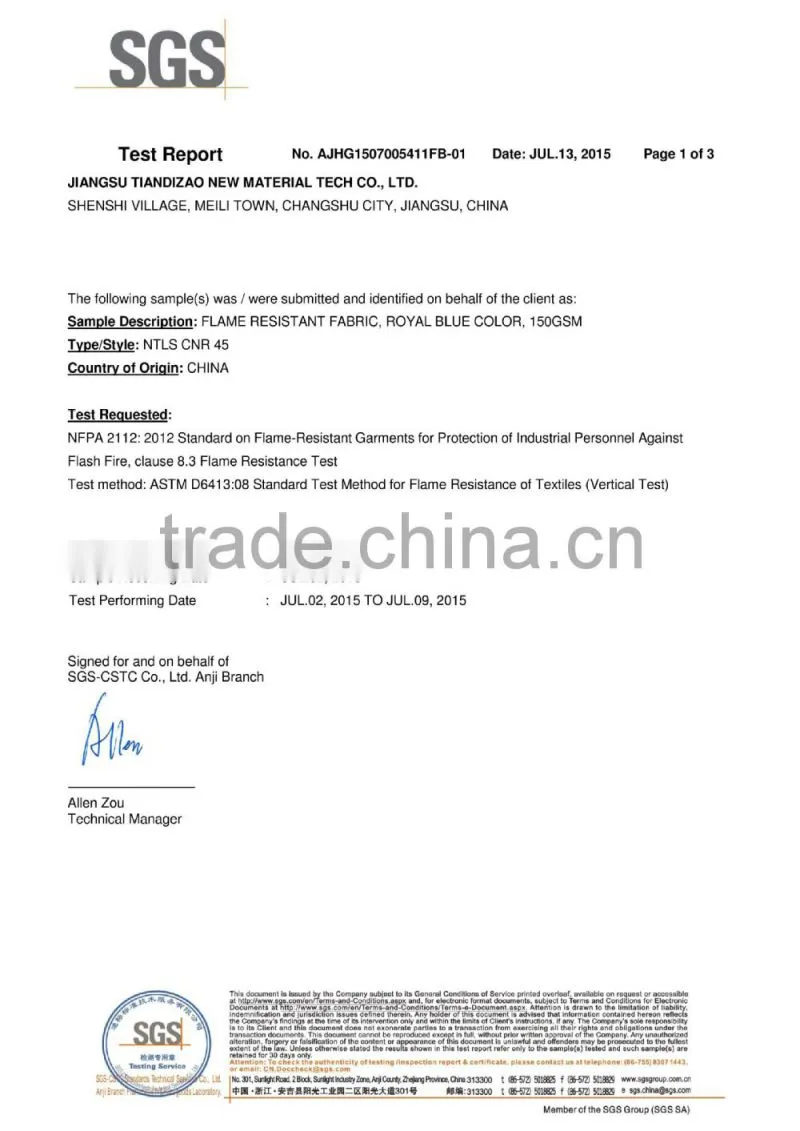 95% meta aramid and 5%para aramid fabrics/aramid blended fabrics