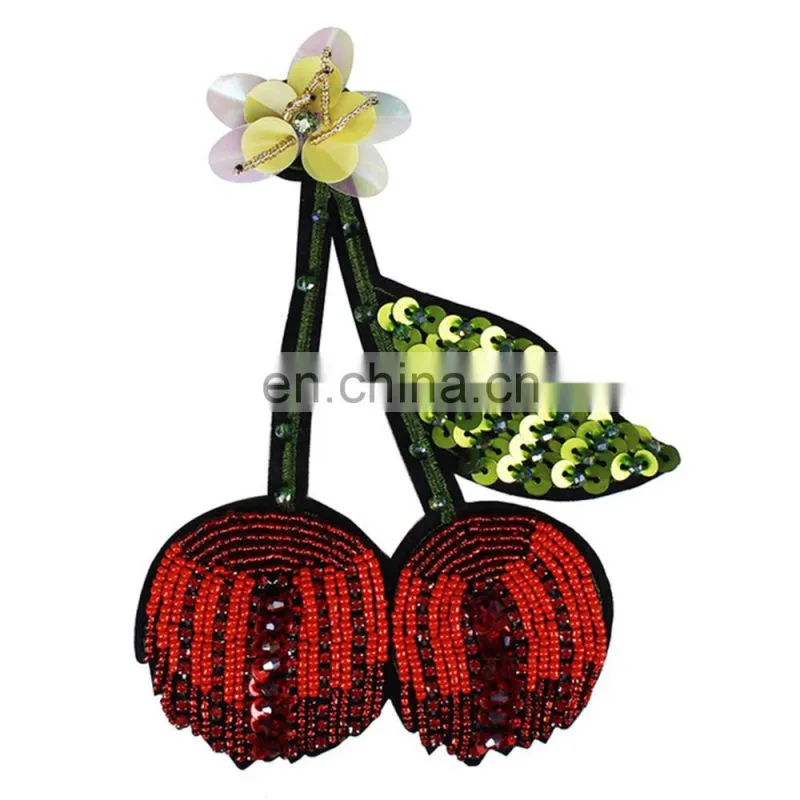 Handmade Beaded Sequin Red Cherry Patches for Clothes