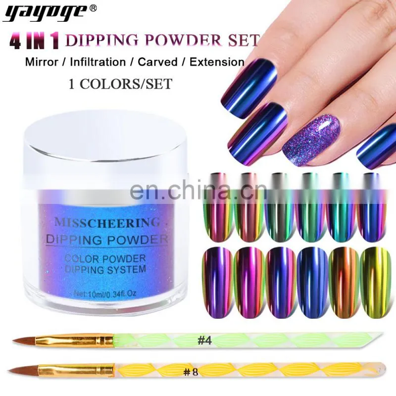 4 in one private label dip nail dipping powder kit extension gel mirror chrome powder with nail brush in stock