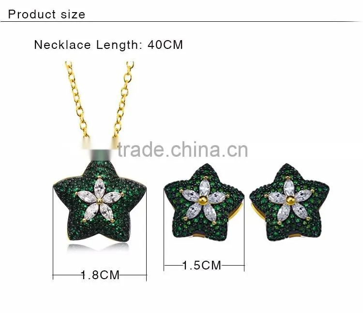 New White Gold Green Color CZ Stones Star Charm Pendant Jewelry Necklace Set