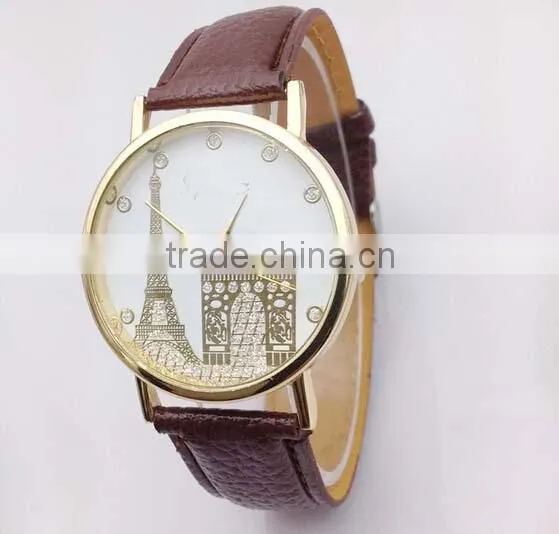 High quality Leather watch Women's Eiffel Tower Printed Dial Faux Leather Analog Quartz Wrist Watch
