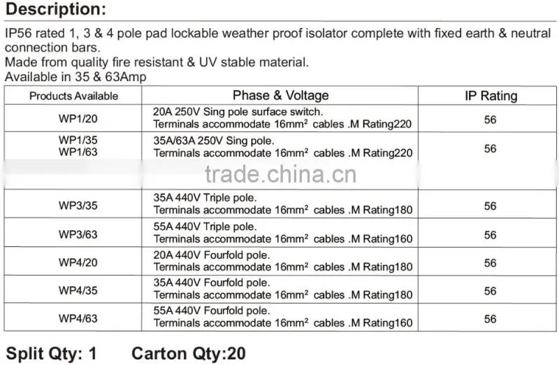 3 Pole Weatherproof Isolator 63A