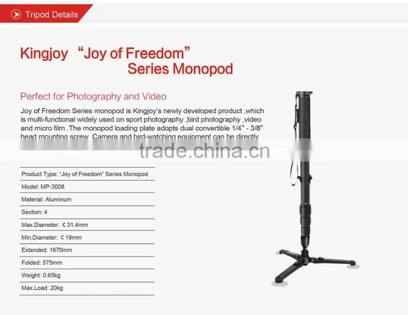 Kingjoy Qualified Aluminum Professional Monopod MP3008