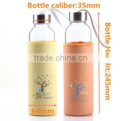 Portable clear high borosilicate glass bottlee with lid and Cup Sleeve