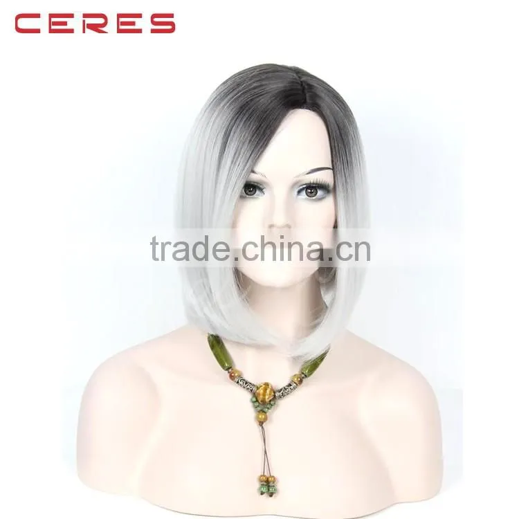 Short Style Grey Hair Wig Straight Black Root Gray Ombre Synthetic Bob Lace Front Wigs for Women