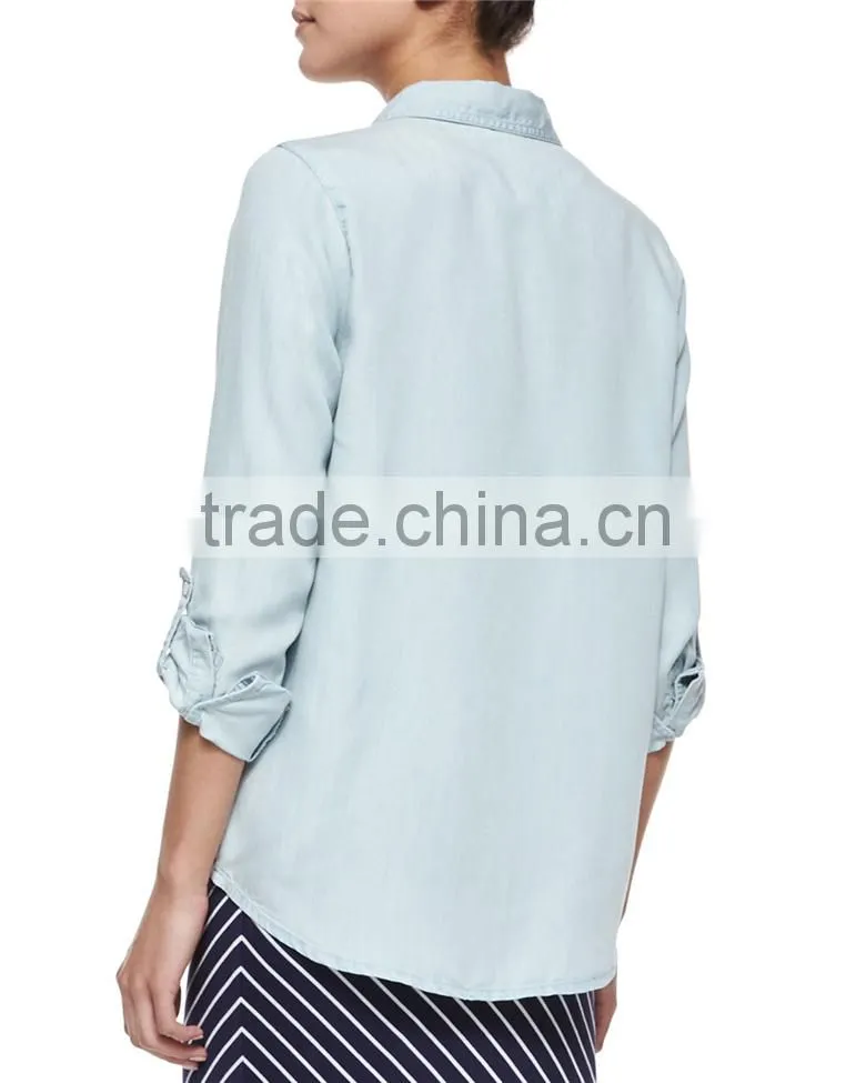 Top selling ladies 2015 summer long sleeve chambray denim shirt for women SYA15361