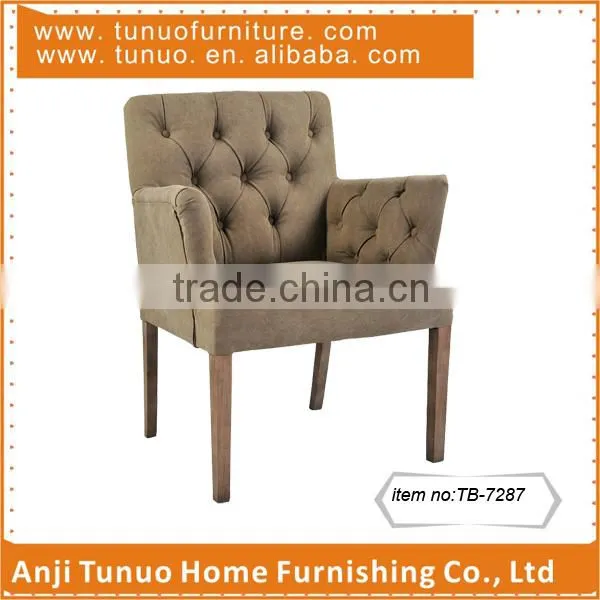 Linen fabric Arm chair with tufted back and arm. Antique finish rubber wood legs assembled,TB-7287