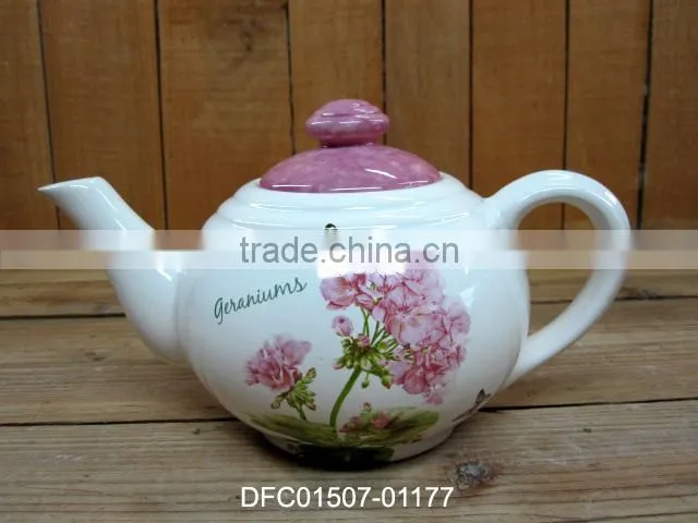 Modern White Ceramic Teapot with Wheat and Daisy Decal