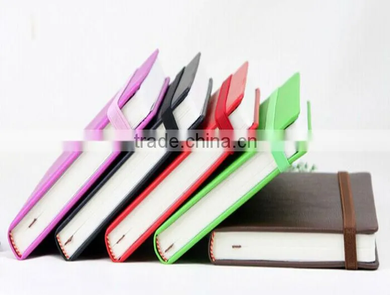 Colorful leather cover line printing logo embossed office/school writing notepad/diary with elastic ribbon closure