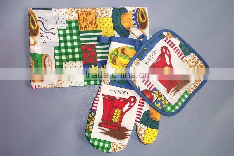 3 pcs silk screen print cotton kitchen apron set print cotton pot holder oven mitten set