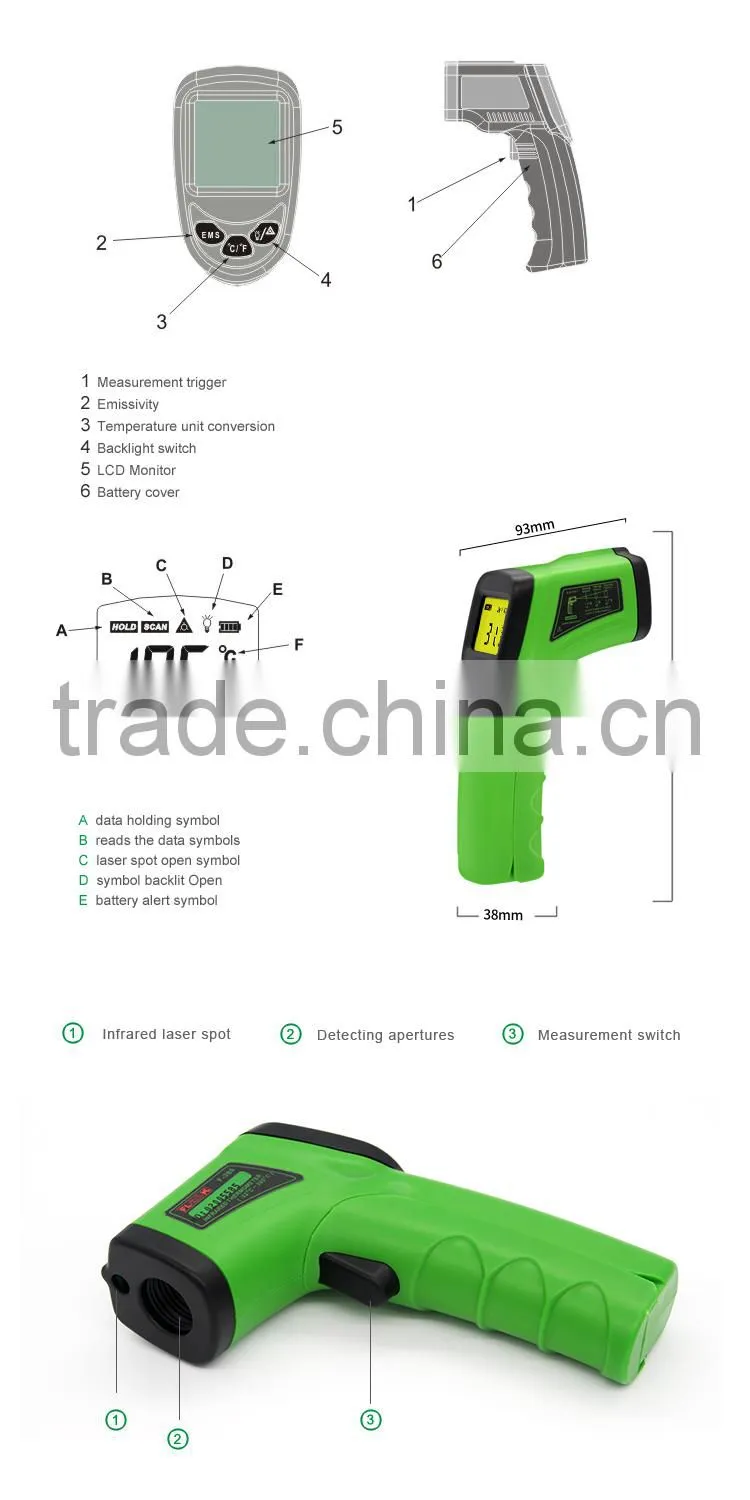 Non Contact Digital Laser Infrared Temperature Gun Infrared Thermometer range -50~380C