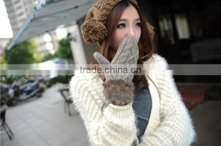 Lovely Women Double-Deck Wool Hang Neck Winter Mittens Knitted Warm Fur Gloves Cheap Wholesale