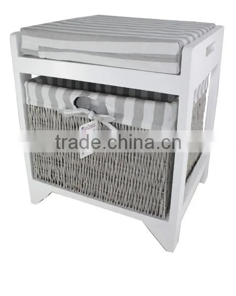 Gray paulownia wood chest with cushion and paper rope baskets
