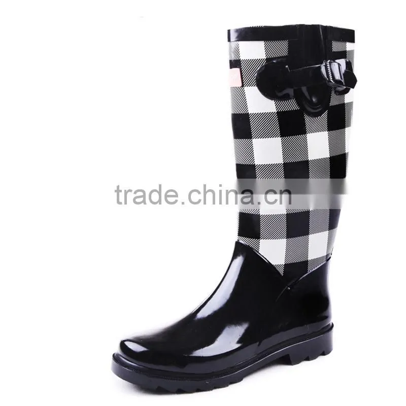 black white tartan print women rubber wellington