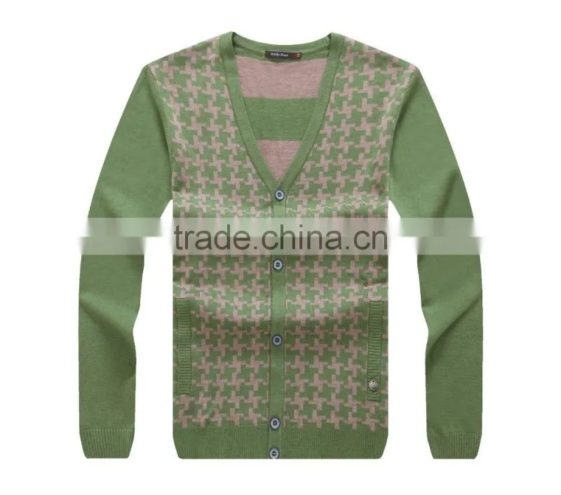 100% fine wool men's light green knitwear cardigan