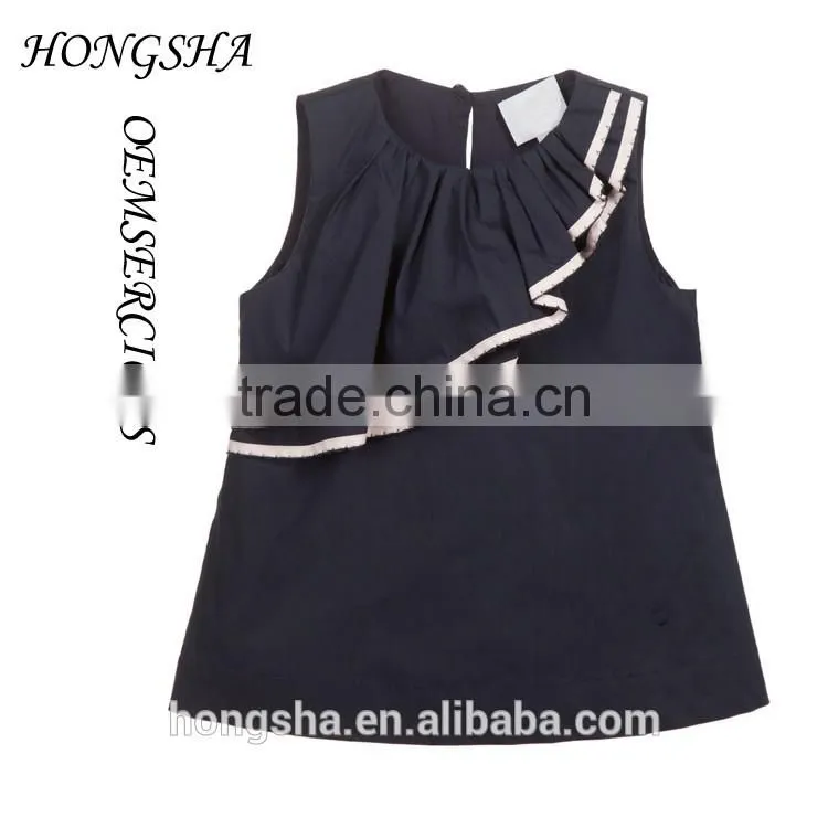 Fashion Baby Girls White & Navy Blue Ruffled Cotton Cutting Blouse Designs HST7741