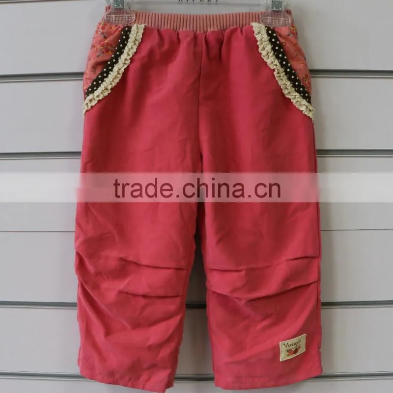 french terry fabric children casual pants with lace
