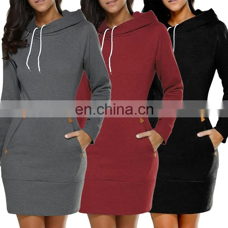 Elegant Fashion 5 Color Long Sleeve Ladies Hoodie Dress Mini Length Women Winter Sweater Dress