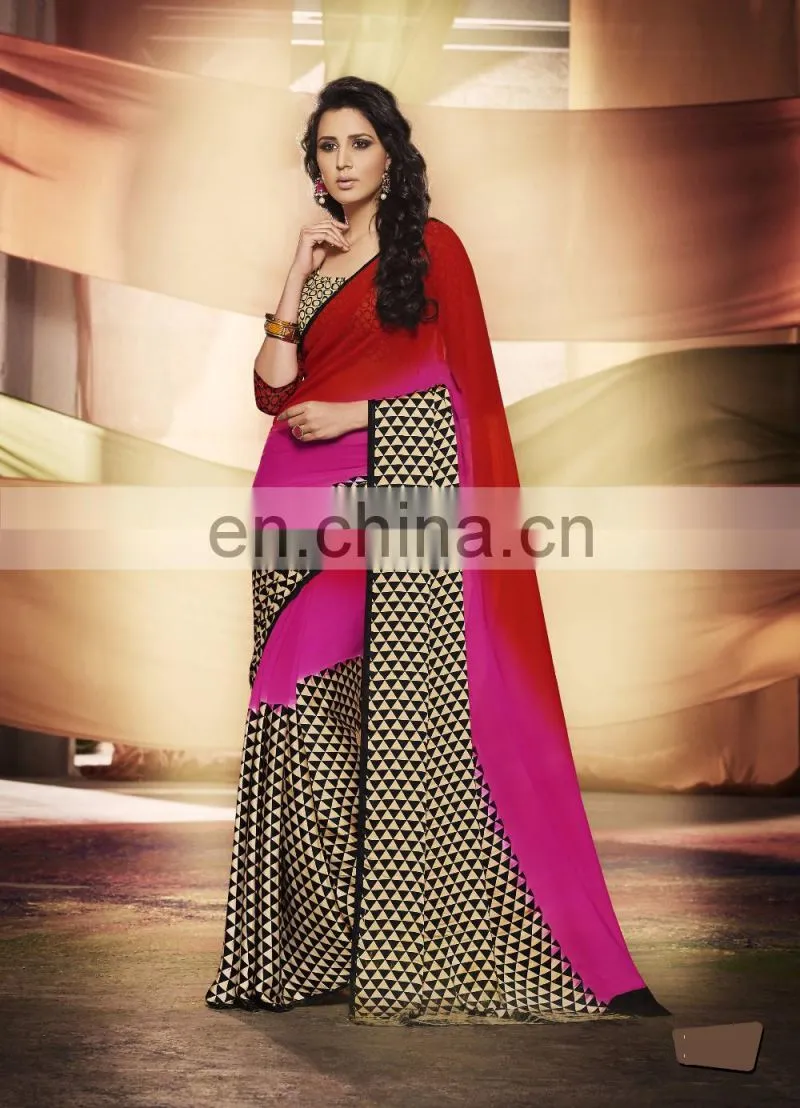 Orange Colored Georgette Satin Printed Saree