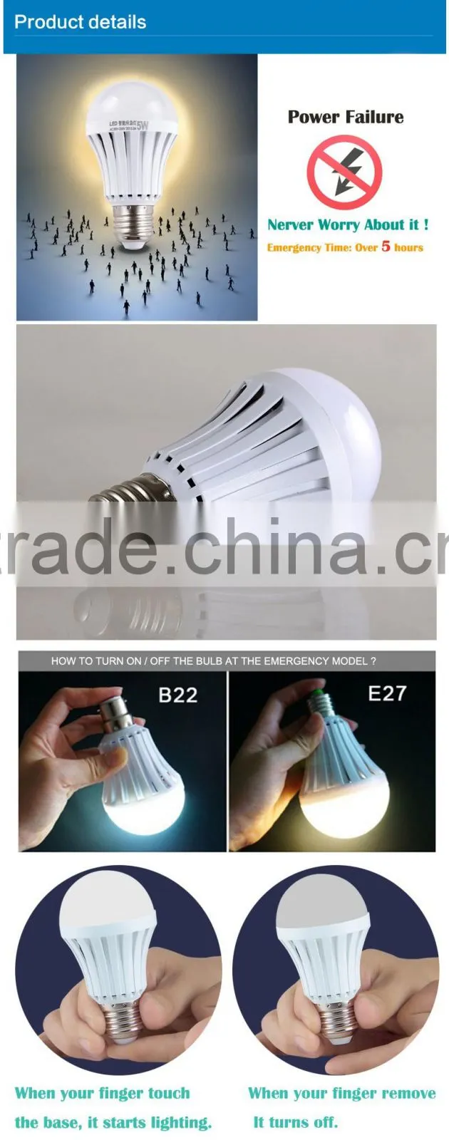 7W 9W 12W battery operated rechargeable led light bulb