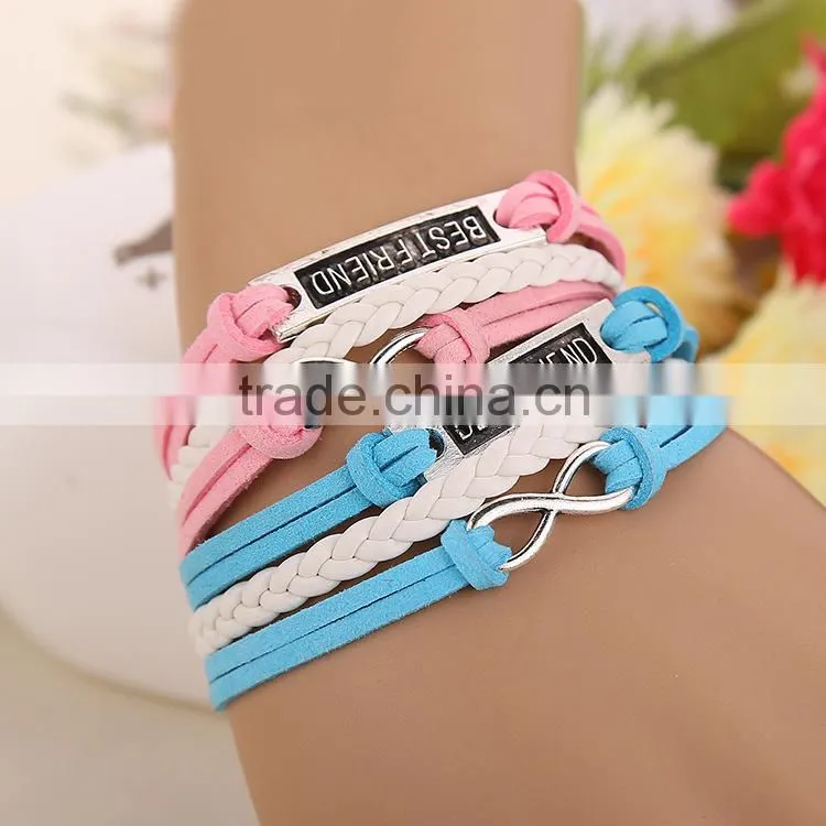 antique silver best friend alloy charm multi strand braided leather cord bracelet