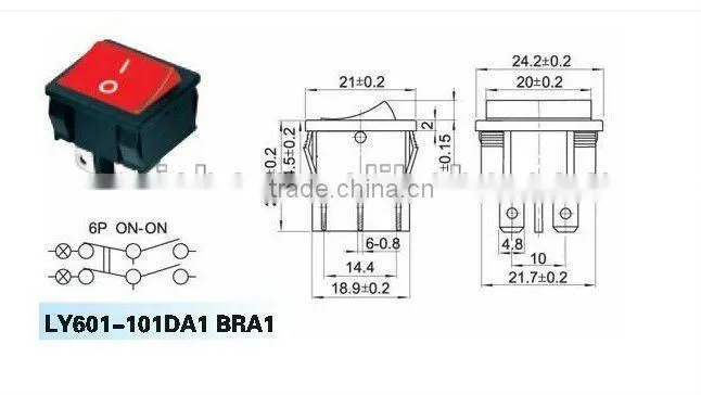 Six pins on-on 12v rocker switch with red button