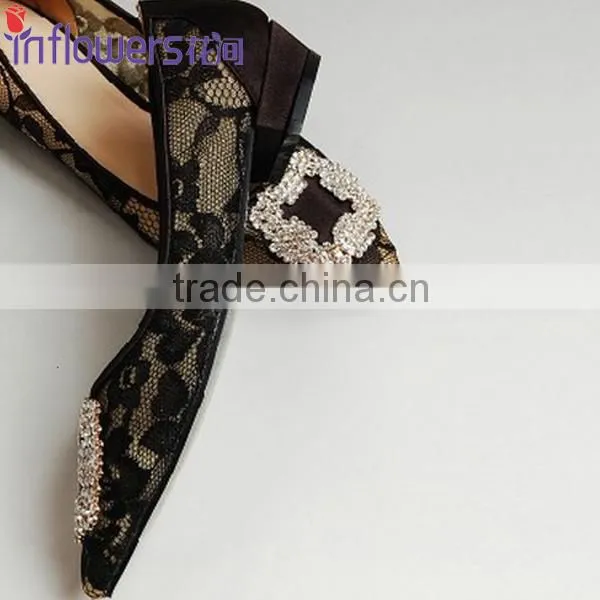Wholesale black lace shoes rhinestone women flat dress shoes