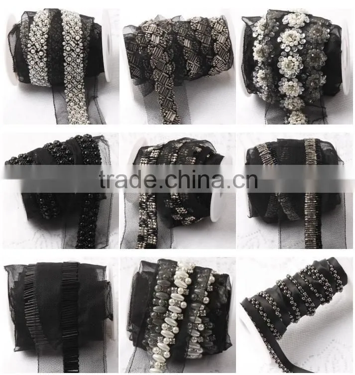 Gold Color beaded and Sequin Lace Trimming For Dress Wholesale