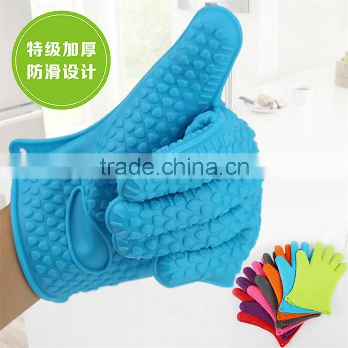 Wholesale kitchen cooking work gloves with fingers, heat resistant BBQ silicone oven gloves, non-slip oven gloves
