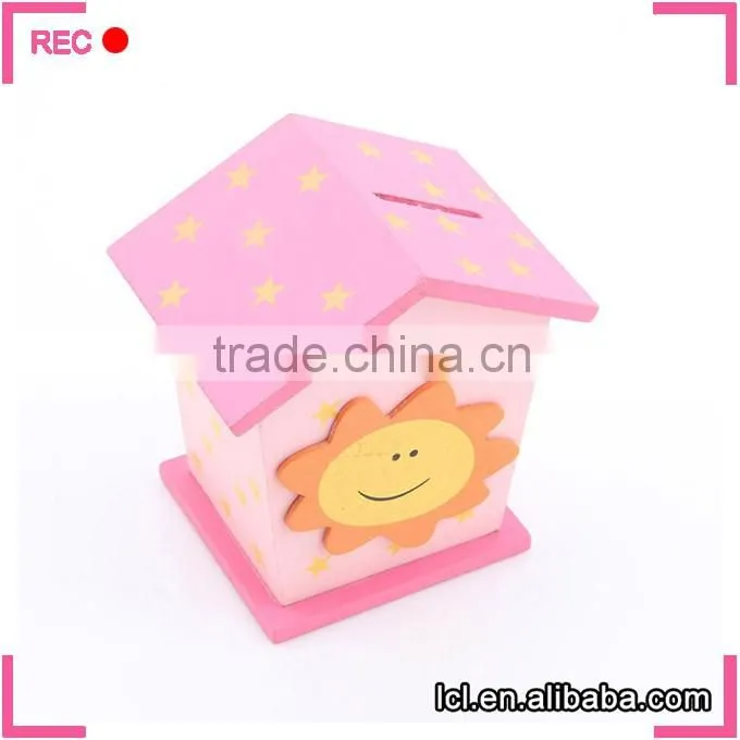 Wooden money box house shaped, wood material money storage box